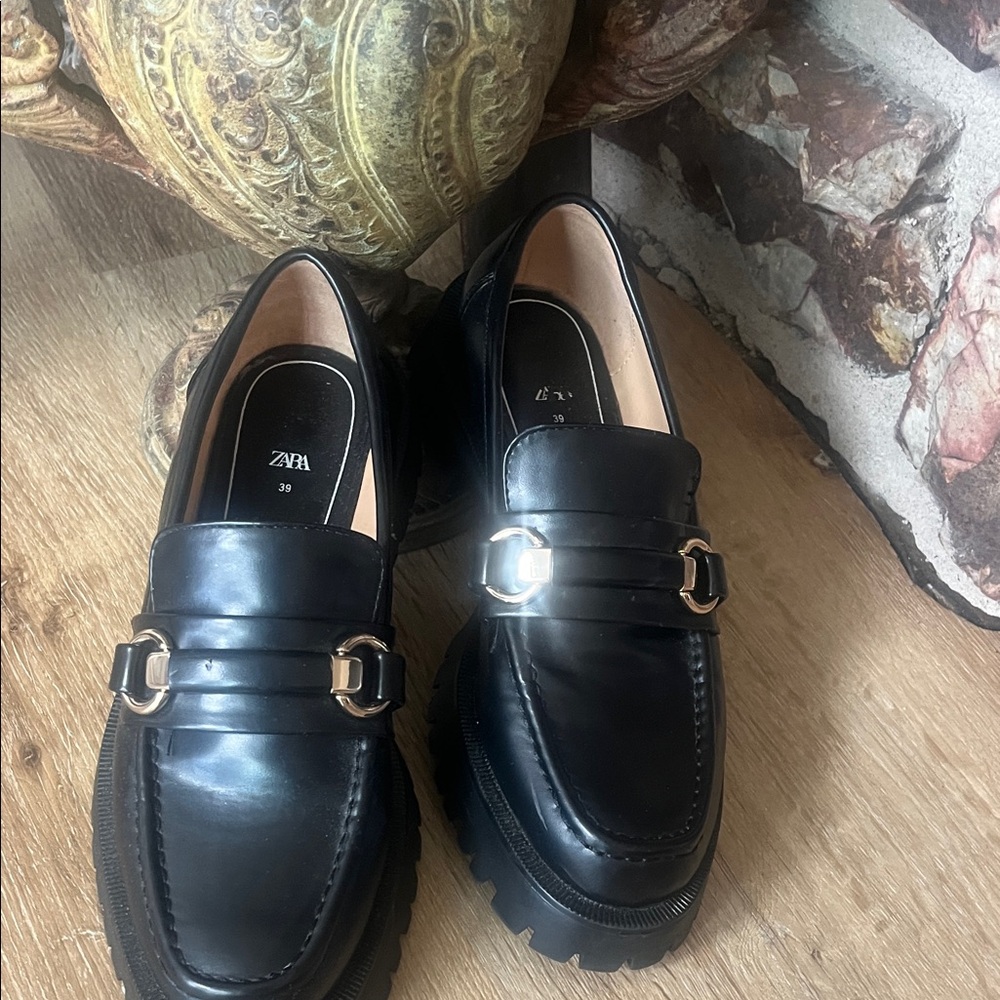 Zara Black Chunky Loafers with Gold Accent
